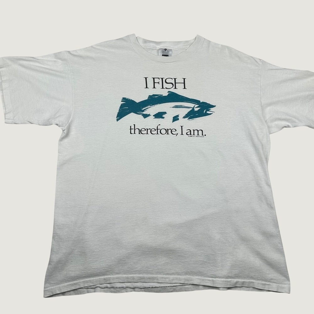 Vintage 1990 Lee I Fish Therefore I Am T-Shirt Mens XL White Single Stitch USA